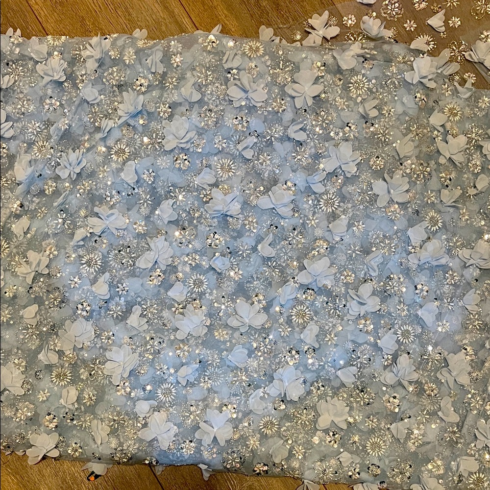 Light blue beaded embroidered 3d flowers lace
